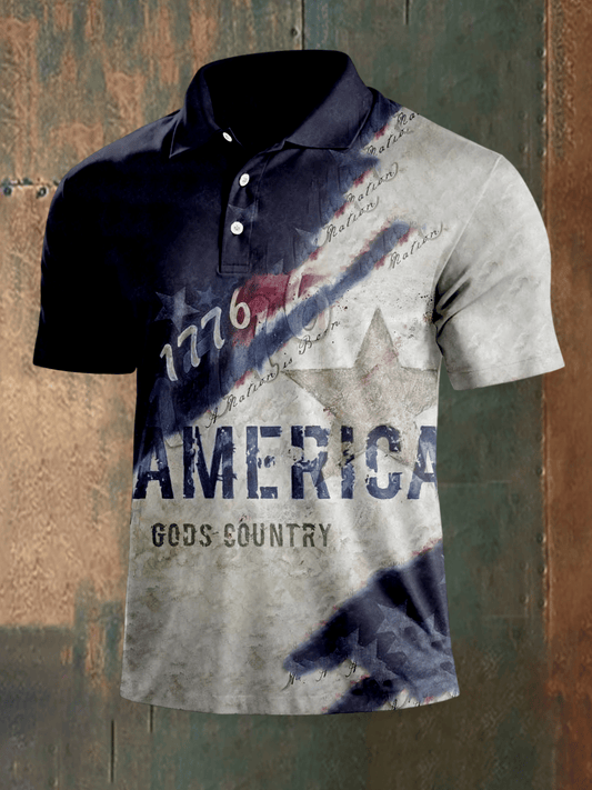 Men's Outdoor Independence Day American Flag Button Short Sleeve Polo Shirt
