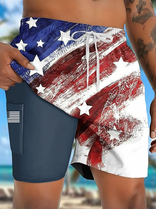 Men's Independence Day Printed Double Layer Shorts (With Pockets)