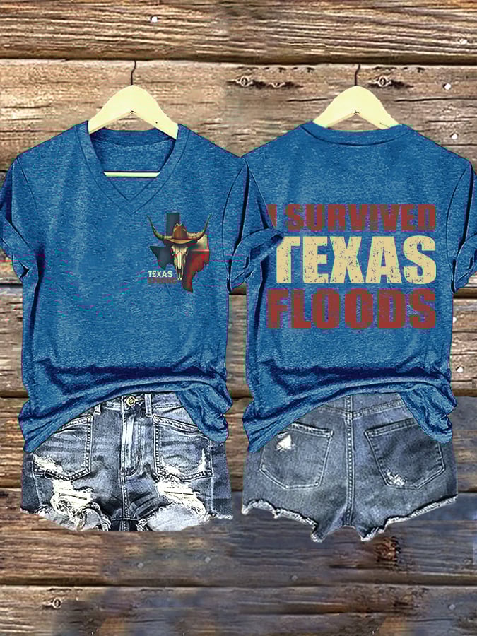 🙏💔Join us in praying for Texas.🙏Retro Texas Strong Cow Skull Texas State Flag I Survived Texas Floods Pray For Texas Print T-Shirt