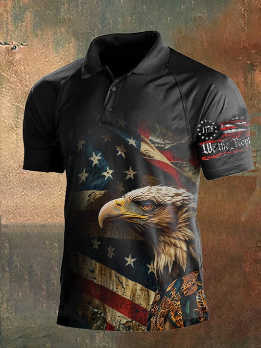 Men's Vintage Independence Day and Skull Print Button-Down Polo Shirt