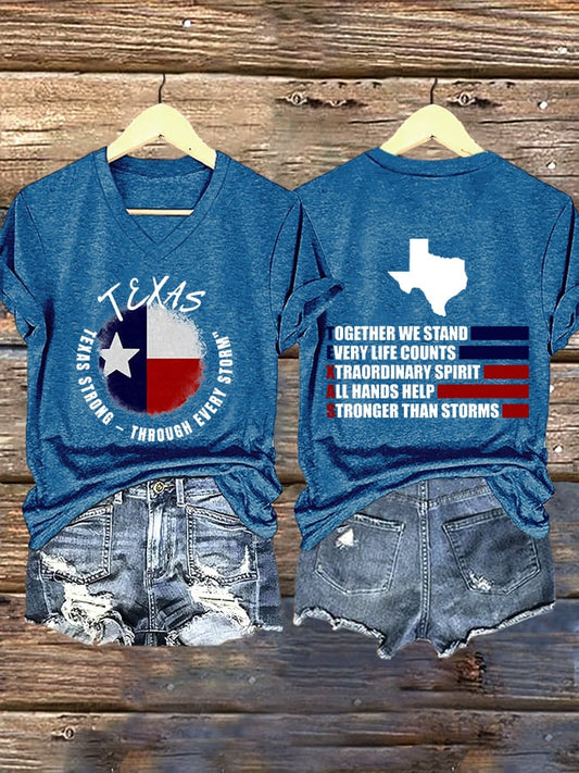 🙏💔Join us in praying for Texas.🙏V-Neck Retro Texas Texas Strong Through Every Stormtogether We Stand Every Life Counts Xtraordinary Spirit All Hands Help Stronger Than Storms Print T-Shirt
