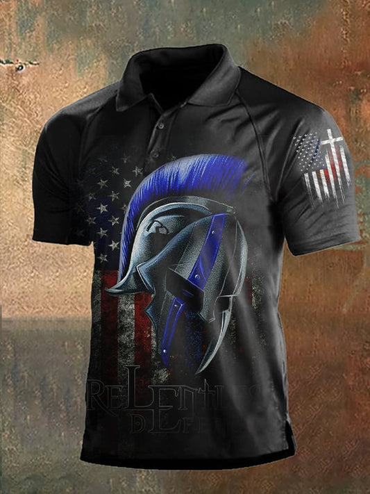 Men's Vintage Independence Day and Skull Print Button-Down Polo Shirt