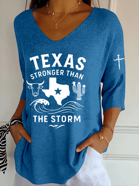 Women's Texas Stronger Than The Storm Striped Fabric Casual V Neck T-Shirt