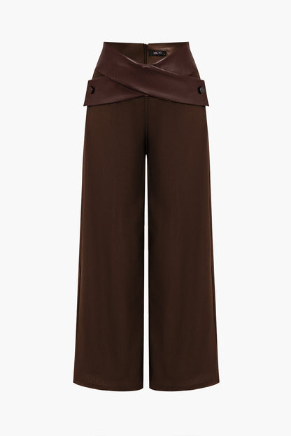 Solid Faux Leather Patchwork High Waist Crossed Pocket Trousers