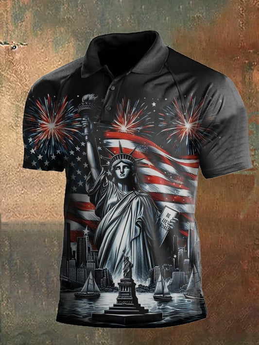 Men's Vintage Independence Day and Skull Print Button-Down Polo Shirt