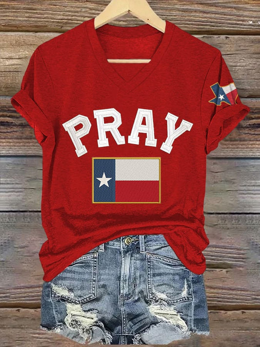 V-Neck Retro Pray For Texas Texas Strong Print T-Shirt
