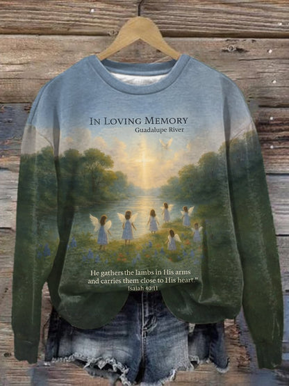 🙏💔Join us in praying for Texas.🙏Retro In Loving Memory Guadalupe River He Gathers The Lambs In His Arms And Carries Them Close To His Hear Isaiah 40:11 Print Sweatshirt