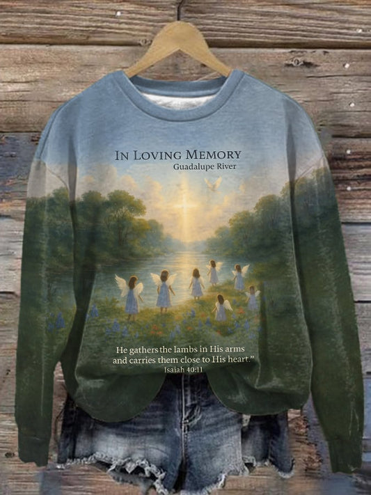 🙏💔Join us in praying for Texas.🙏Retro In Loving Memory Guadalupe River He Gathers The Lambs In His Arms And Carries Them Close To His Hear Isaiah 40:11 Print Sweatshirt