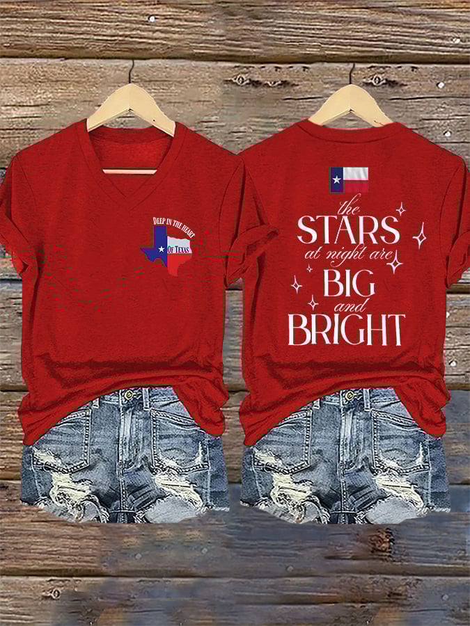 🙏💔Join us in praying for Texas.🙏V-Neck Retro Texas Strong The Stars At Night Are Big And Bright Deep In The Heart Of Texas Print T-Shirt