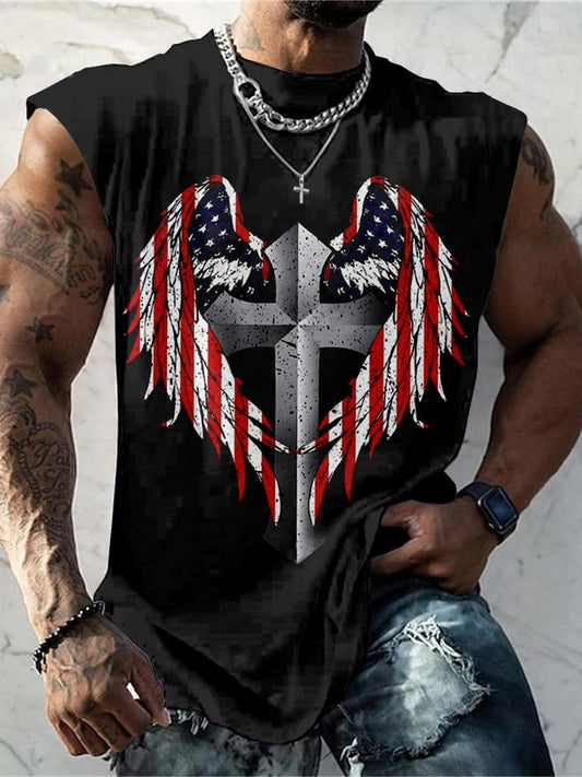 Men's Faith Cross American Flag Independence Day Printed Casual Tank Top