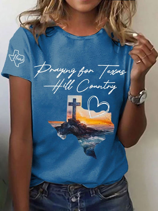 Women's Texas Flood Praying for Texas HILL Country Print Casual T-Shirt