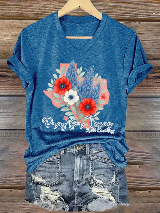 🙏💔Join us in praying for Texas.🙏V-Neck Retro Texas Strong Pray For Texas Hill Country Print T-Shirt
