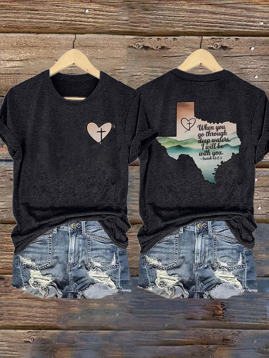 🙏💔Join us in praying for Texas.🙏Women's When You Go Through Deep Waters, I Will Be With You. Isaiah 43:2  Faith Printed T-Shirts