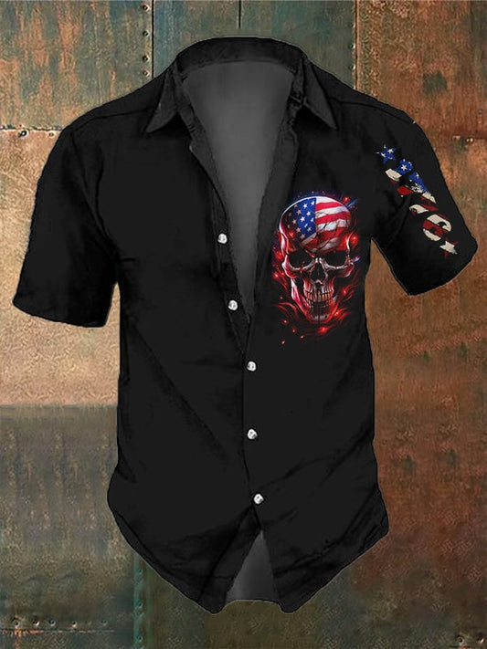Men's Vintage Skull and Independence Day Print Short Sleeve Shirt
