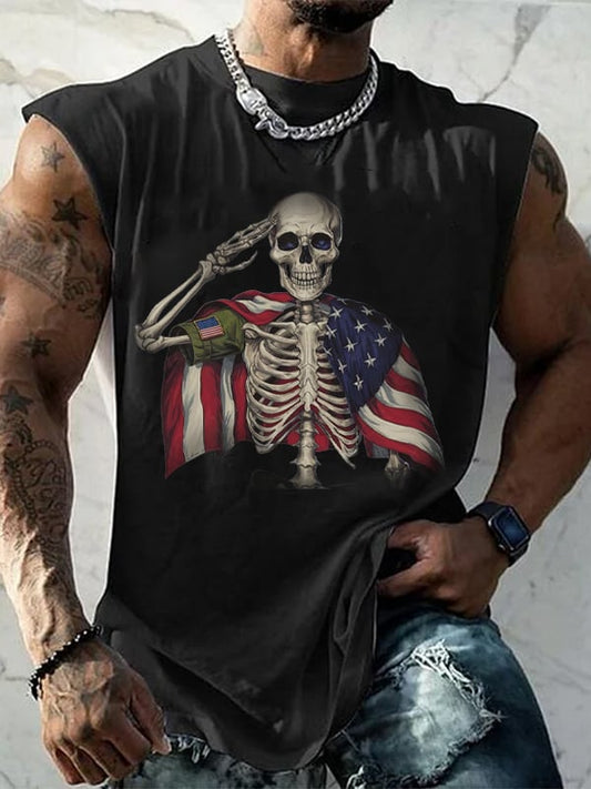 Men's Vintage Independence Day and Skull Print Vest