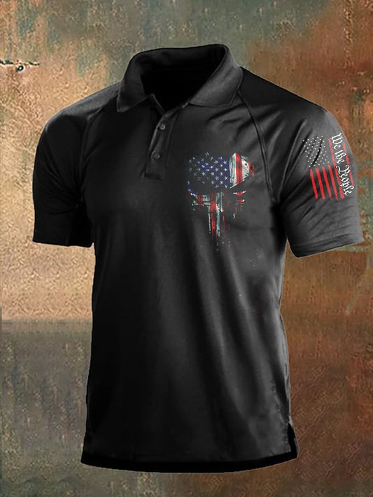 Men's Vintage Independence Day and Skull Print Button-Down Polo Shirt