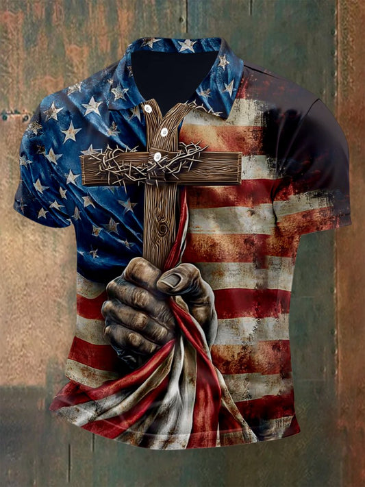 Men's Outdoor Independence Day American Flag Button Short Sleeve Polo Shirt