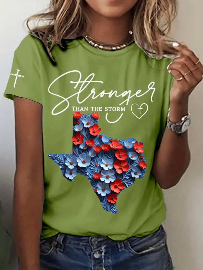 🙏💔Join us in praying for Texas.🙏Women's Texas Stronger Than The Storm Print Crew Neck T-Shirt