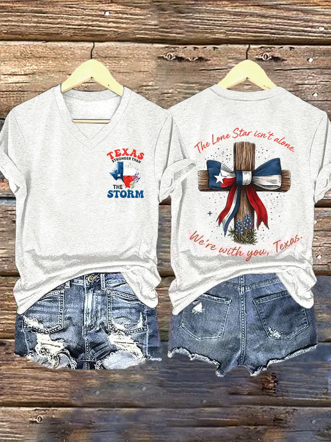 🙏💔Join us in praying for Texas.🙏V-Neck Retro Texas Stronger Than The Storm The Lone Star Isn't Alone. We'Re With You, Texas Print T-Shirt