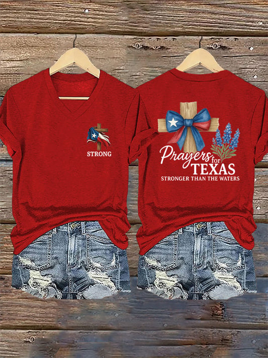 🙏💔Join us in praying for Texas.🙏V-Neck Retro Texas Strong Prayers For Texas Stronger Than The Waters Faith Cross Print T-Shirt
