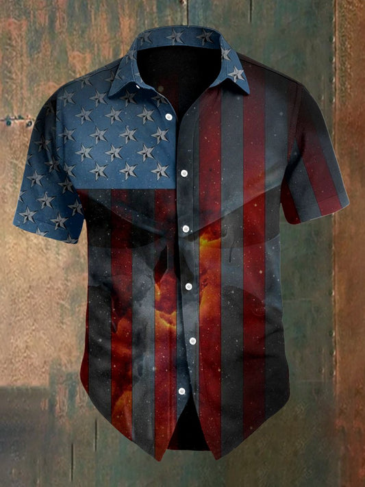 Men's Vintage Independence Day Flag Skull Art Print Short Sleeve Shirt