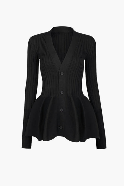 Solid V-neck Puff Hem Sweater Cardigan