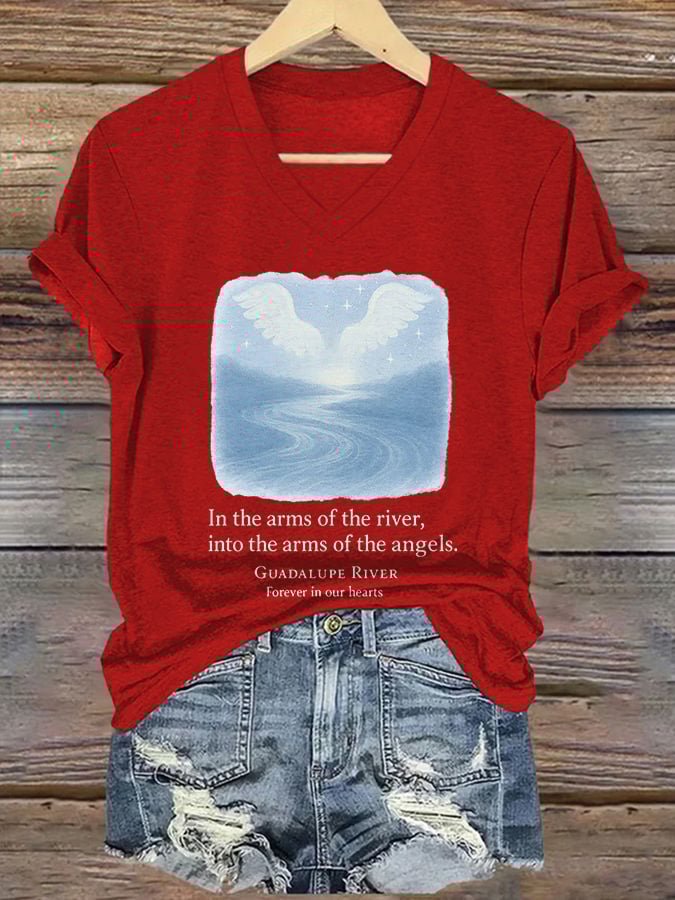 🙏💔Join us in praying for Texas.🙏V-Neck Retro Texas Strong In The Arms Of The River, Into The Arms Of The Angels. Guadalupe River Forever In Our Hearts Print T-Shirt