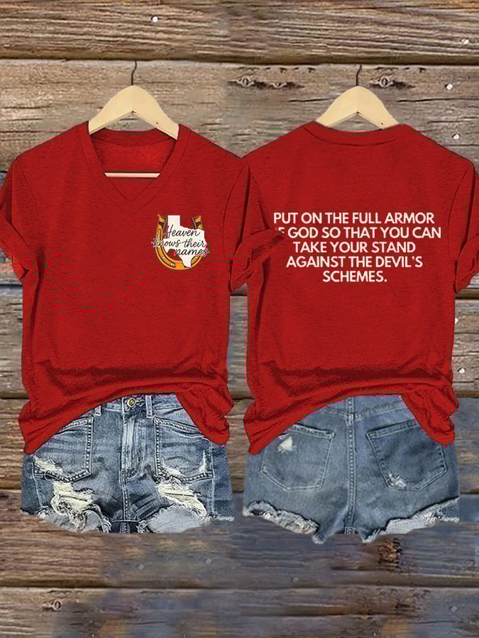 🙏💔Join us in praying for Texas.🙏V-Neck Retro Texas Strong Heaven Knows Their Names Put On The Full Armor Of God So That You Can Take Your Stand Against The Devil's Schemes Print T-Shirt