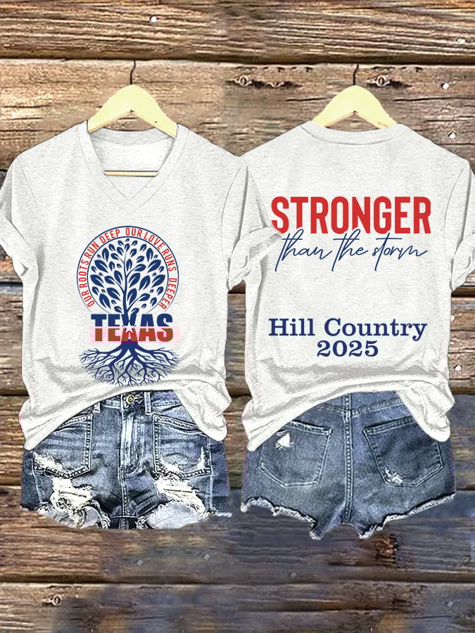 🙏💔Join us in praying for Texas.🙏V-Neck Retro Our Roots Run Deep Our Love Runs Deeper Texas Stronger Than The Storm Kerrville 2025 Print T-Shirt