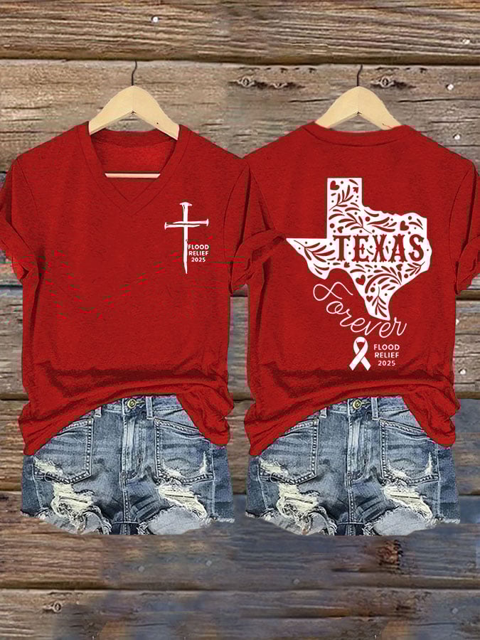 Women's Texas Flood TEXAS Forever Print V-Neck T-Shirt