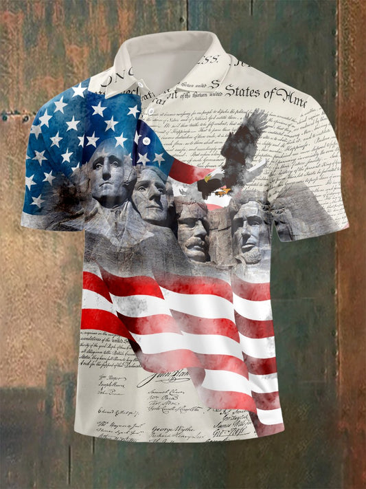 Men's Outdoor Independence Day American Flag Button Short Sleeve Polo Shirt