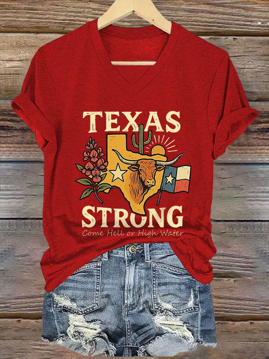 🙏💔Join us in praying for Texas.🙏V-Neck Retro Texas Strong Come Hell Or High Water Print T-Shirt