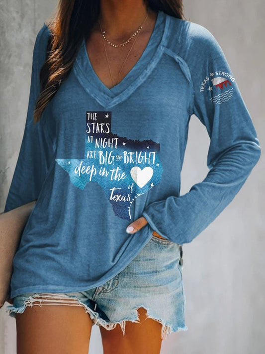 🙏💔Join us in praying for Texas.🙏V-neck Retro Texas Strong The Stars At Night Are Big And Bright Deep In The Heart Of Texas Print T-Shirt