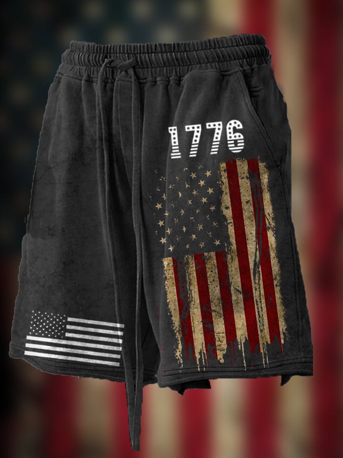 Men's Vintage Hemmed American Flag Independence Day Print Loose Shorts