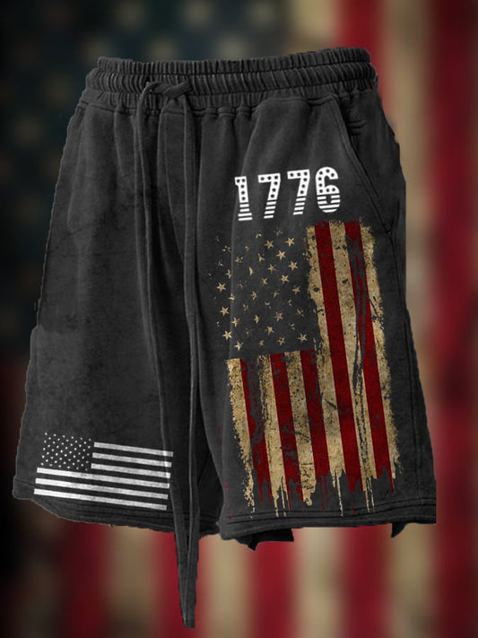Men's Vintage Hemmed American Flag Independence Day Print Loose Shorts
