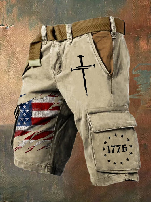 Men's Retro Independence Day Flag Print  Cargo Shorts