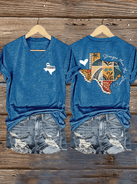 🙏💔Join us in praying for Texas.🙏Women's Texas Stronger Than The Storm Print V-Neck T-Shirt