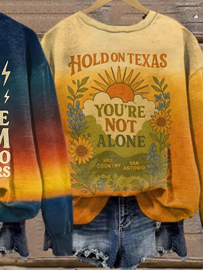 🙏💔Join us in praying for Texas.🙏Retro Texas Strong Even The Storm Listens To Our Prayers Hold On Texas You’Re Not Alone Hill Country San Antonio Hope Strength Print Sweatshirt