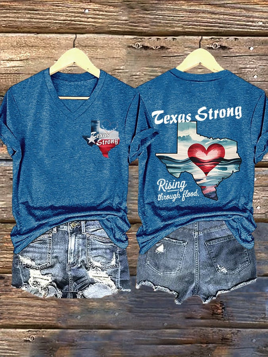🙏💔Join us in praying for Texas.🙏V-Neck Retro Texas Strong Rising Through The Flood Love Heart Print T-Shirt