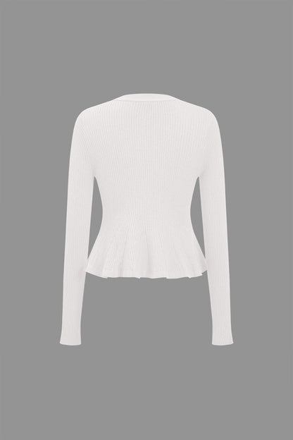 Solid Knit Button Ruffled Long-Sleeve Top