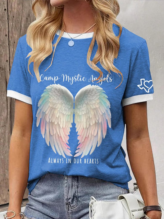 Women's Camp Mystic Angels Always In Our Hearts Print Crew Neck T-Shirt