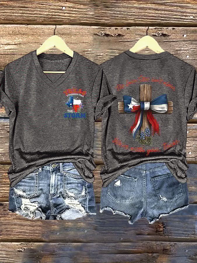 🙏💔Join us in praying for Texas.🙏V-Neck Retro Texas Stronger Than The Storm The Lone Star Isn't Alone. We'Re With You, Texas Print T-Shirt