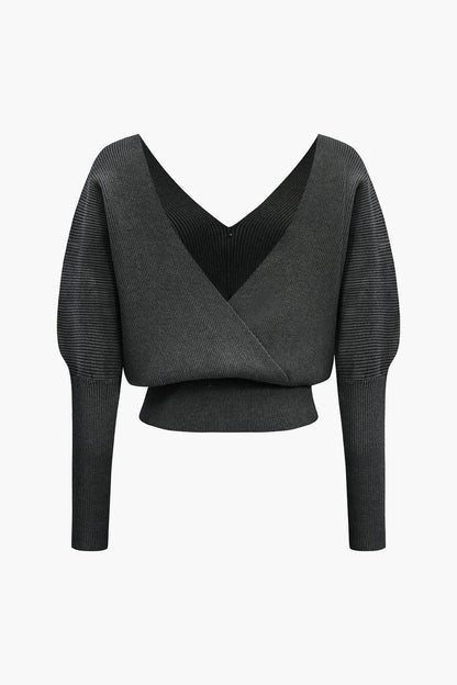 Solid Button V-Neck Sweater Long-Sleeve Top