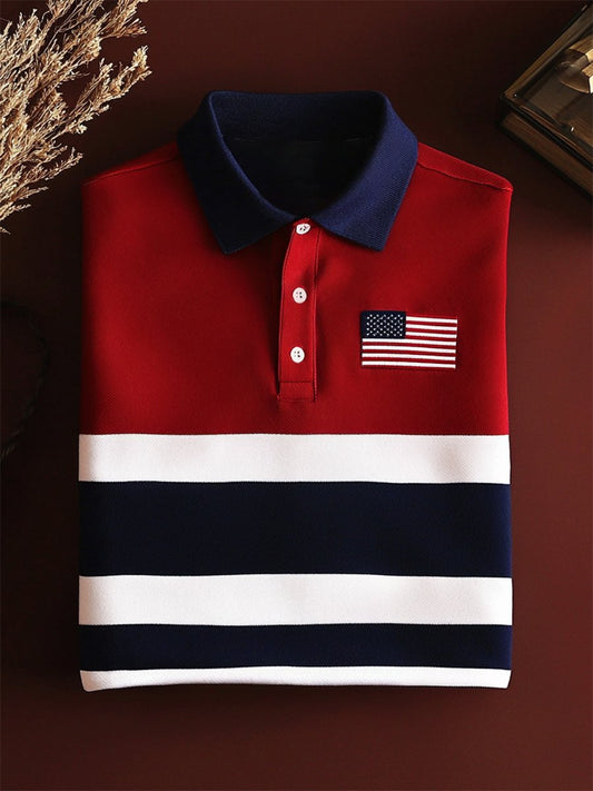 Men's Business Casual Independence Day Striped Button Short Sleeve Polo Shirt
