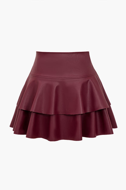 Solid Faux Leather Asymmetrical Layer Skirt