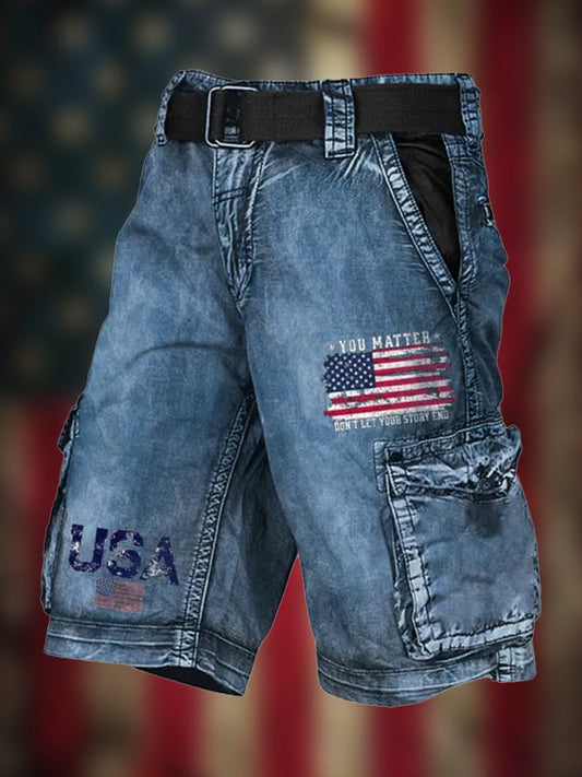 Men's Vintage Flag Independence Day Multi-Pocket Print Cargo Shorts