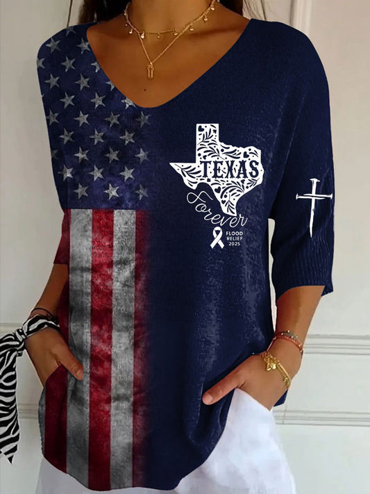 Womens Flag Texas Flood Print Casual V Neck T-Shirt