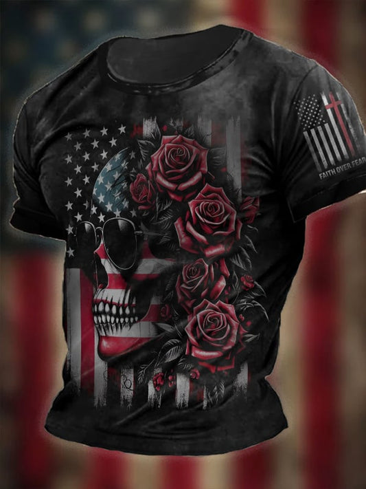 Men's Vintage Independence Day Skull Print Short Sleeve T-Shirt