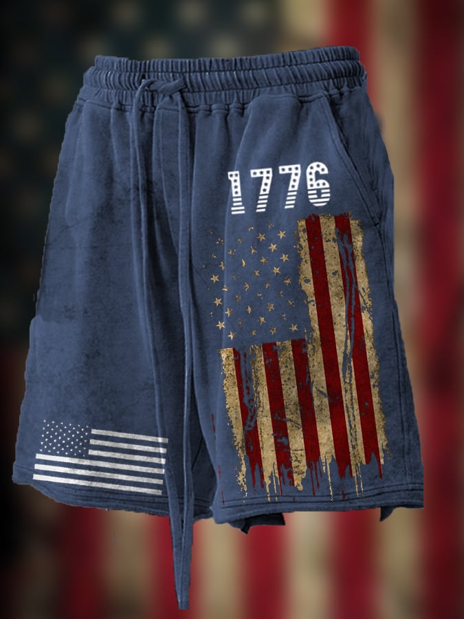 Men's Vintage Hemmed American Flag Independence Day Print Loose Shorts