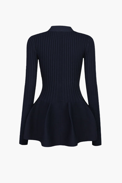 Solid V-neck Puff Hem Sweater Cardigan